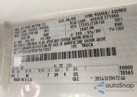 2003 Ford E-350 Super Duty Commercial/Recreational from USA, damaged, VIN 1FTSE34F93HB61057